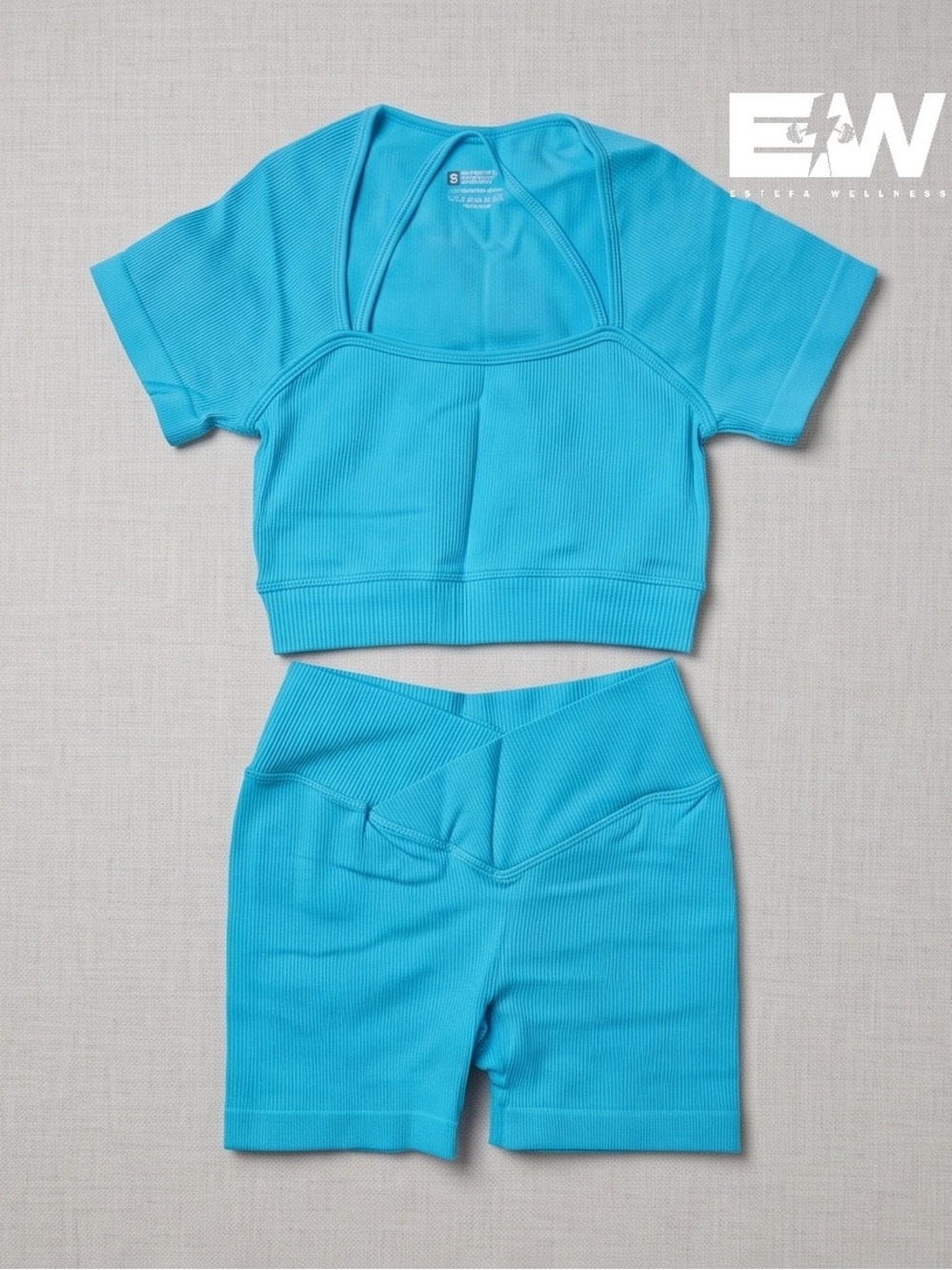 NEW Blue Ribbed Workout Set - Short Sleeve Crop Top & Shorts